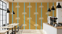 Pale aqua bands accent mustard ochre across nautical rope stripe wallpaper in a Café .