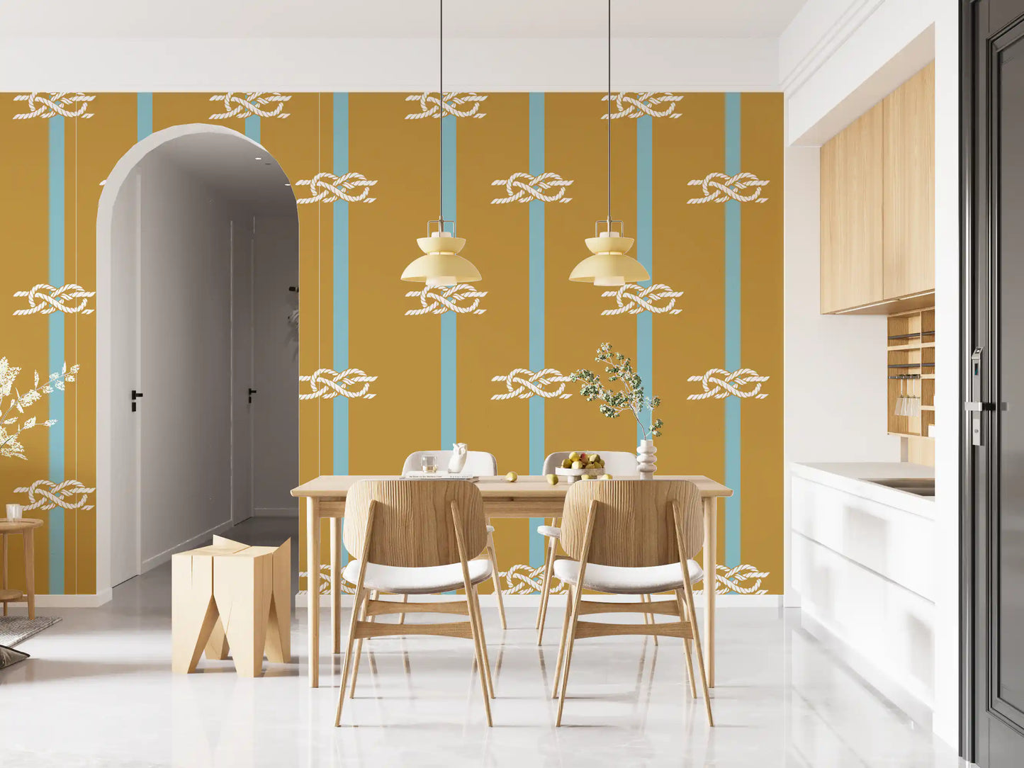 Slim vertical aqua stripes split the ochre field of nautical rope stripe wallpaper.