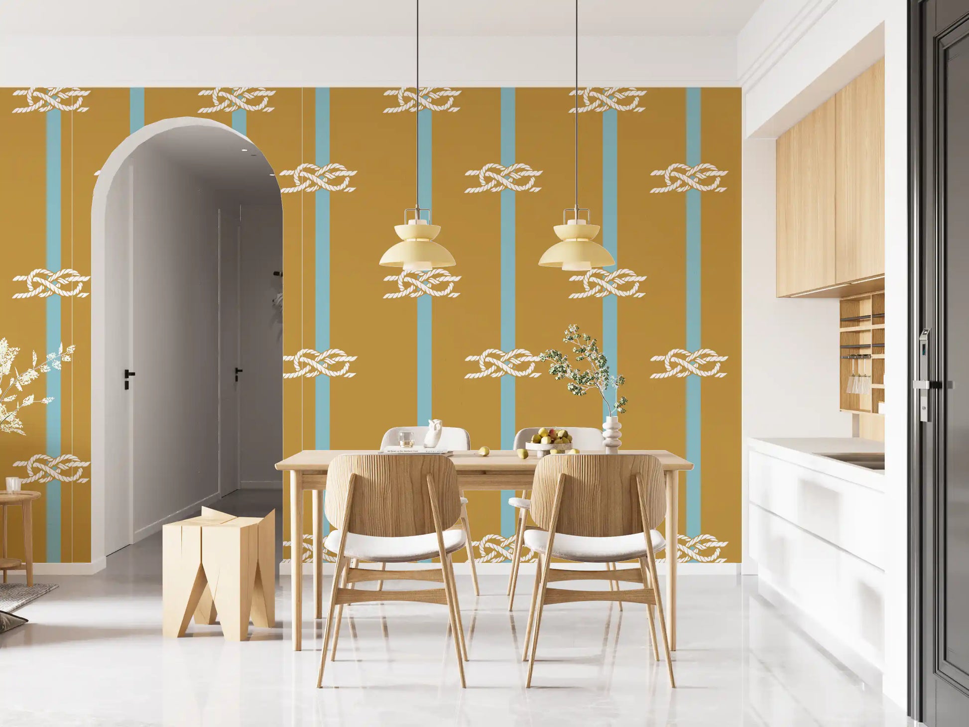 Slim vertical aqua stripes split the ochre field of nautical rope stripe wallpaper.