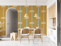 Slim vertical aqua stripes split the ochre field of nautical rope stripe wallpaper.