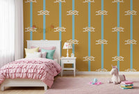 Maritime knot motifs alternate down each panel of Nautical Rope Stripe Mustard Wallpaper.