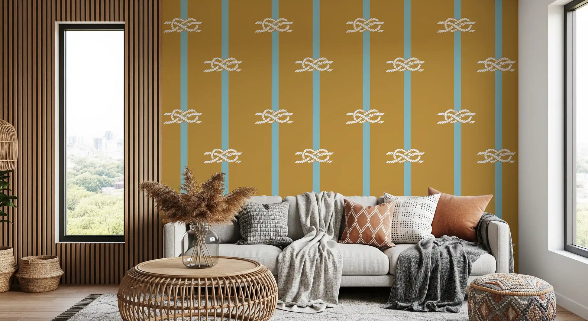 Nautical Rope Stripe Mustard Wallpaper guides a hallway with white knots overhead.