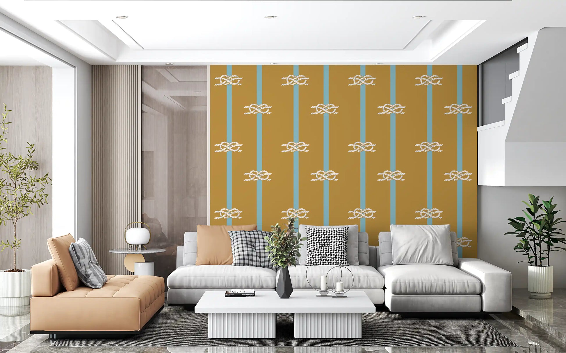 Ochre yellow base meets cool blue trim in this nautical rope stripe wallpaper.