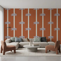 Terracotta ground holds cream verticals and white knots in Nautical Rope wallpaper.