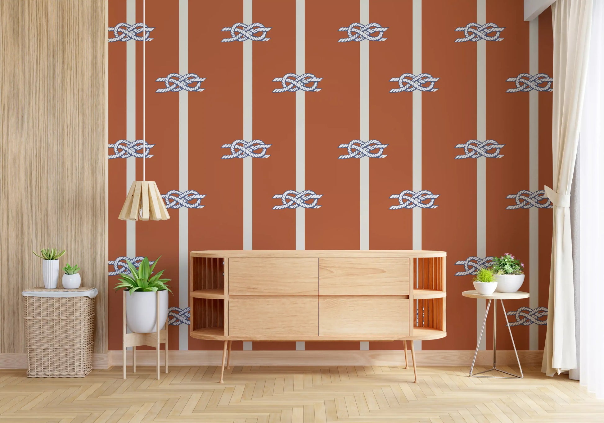 Two cream verticals frame rope knot pairs in Nautical Rope Stripe wallpaper.