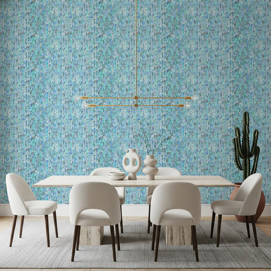 Aqua Knit Cascade Wallpaper lifting a quiet dining room into cool watercolor blues