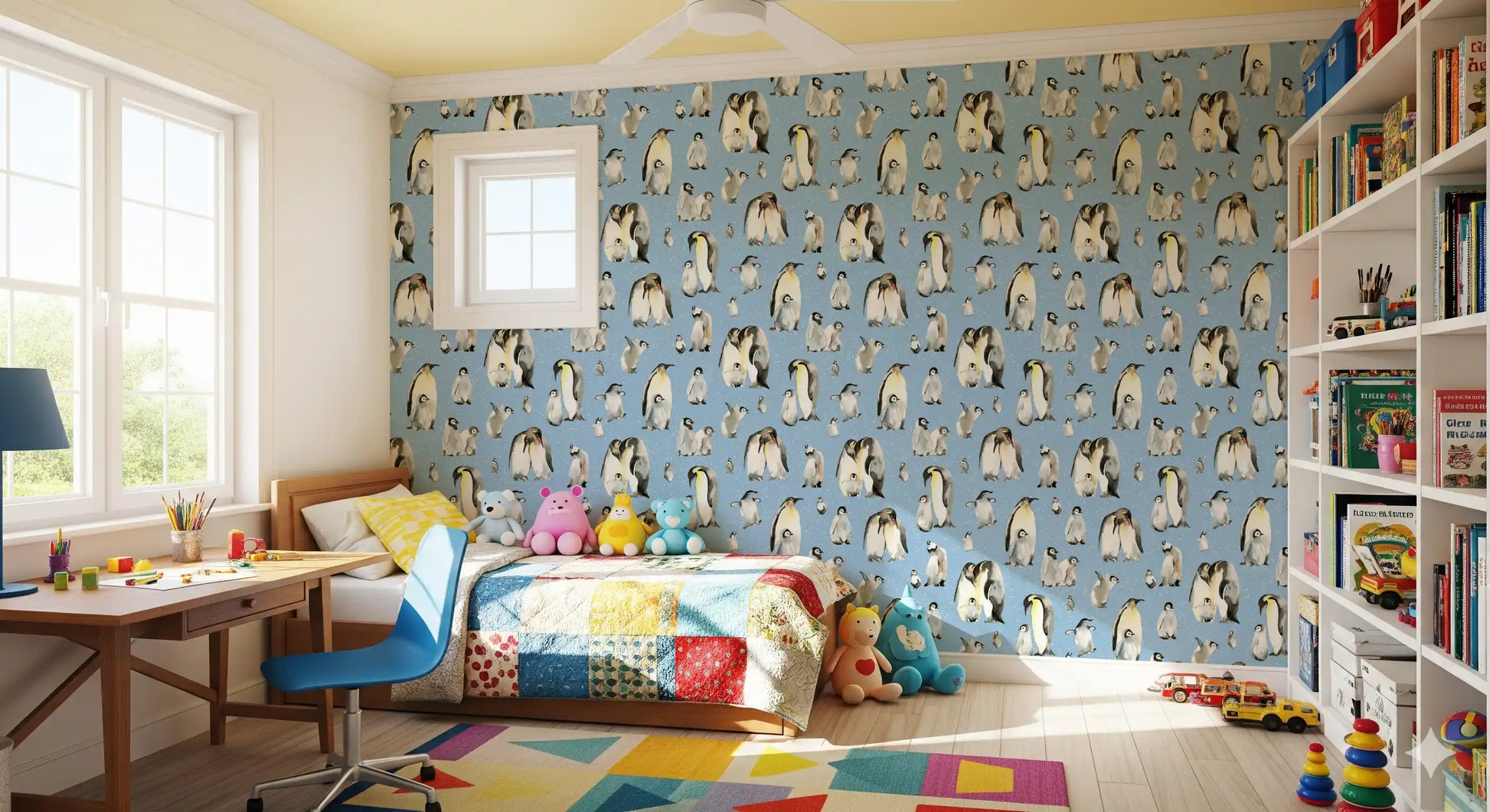 Penguin Family wallpaper giving a child's bedroom a polar storybook moment.