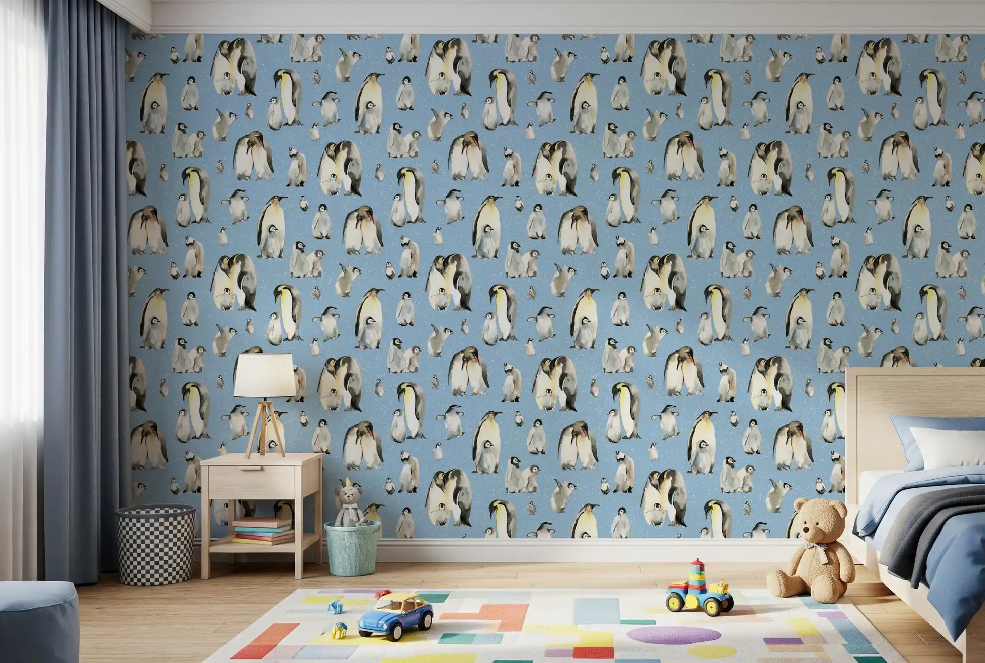 Quiet Kids room feels storybook with the Penguin Family Blue wallpaper.