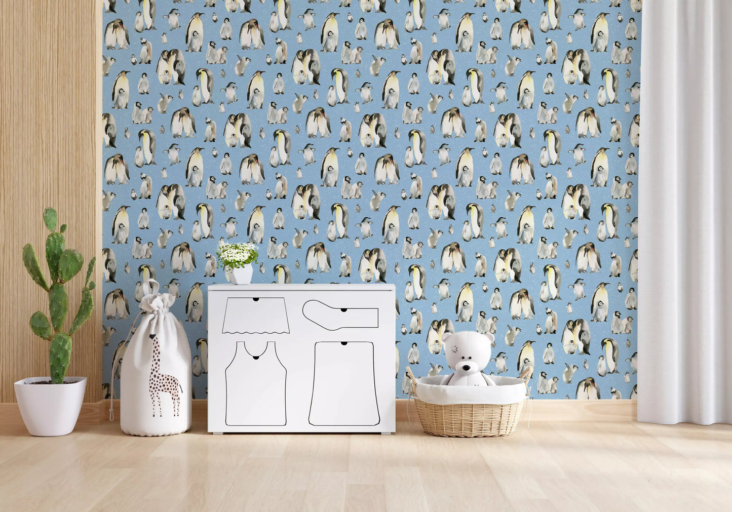 Watercolour penguins parade Hallway corner on this Penguin Family wallpaper.