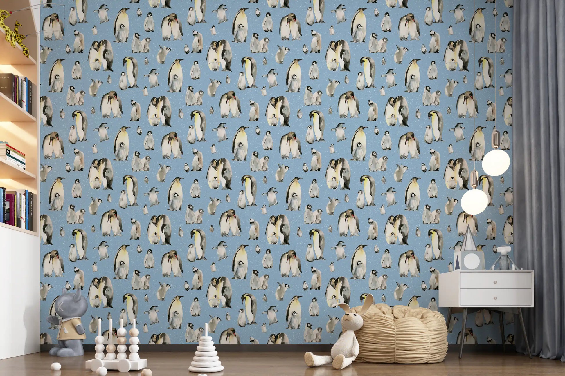Penguin Family Blue wallpaper layers parents, chicks, and small flecks in one tile.