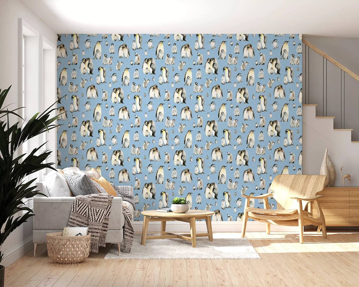 Two penguin generations along a hallway on this Penguin Family wallpaper.
