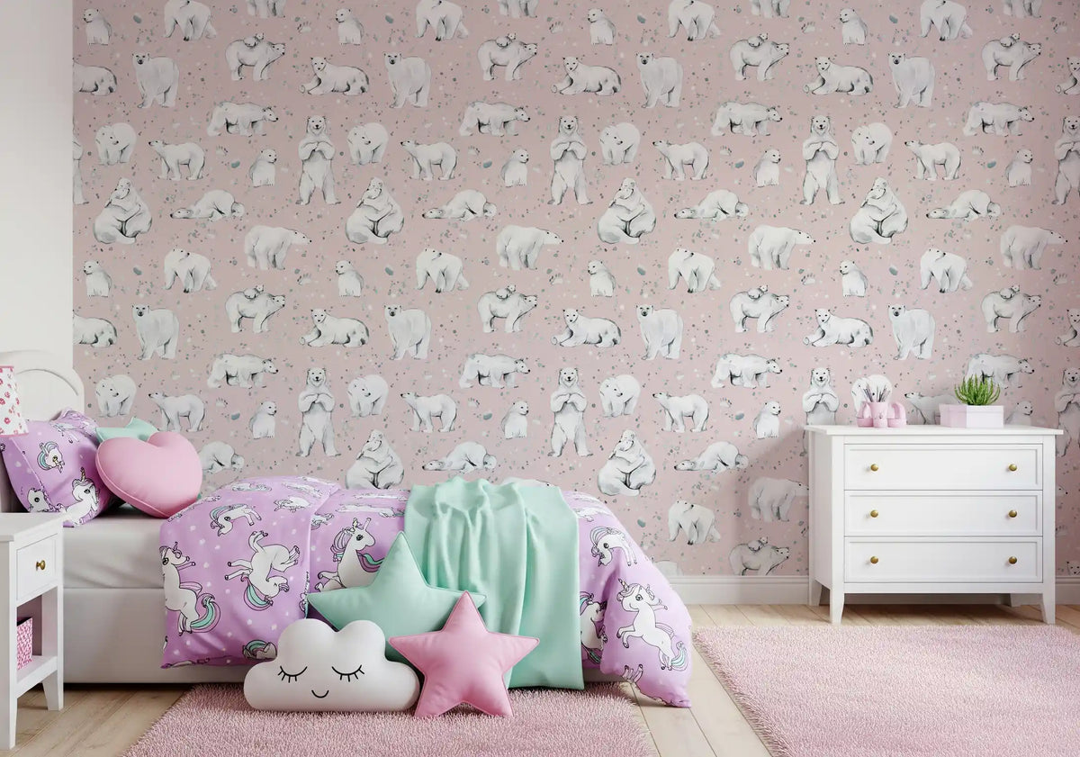 Watercolour polar bears drift across a calm nursery in Bears Dreams Pink wallpaper.