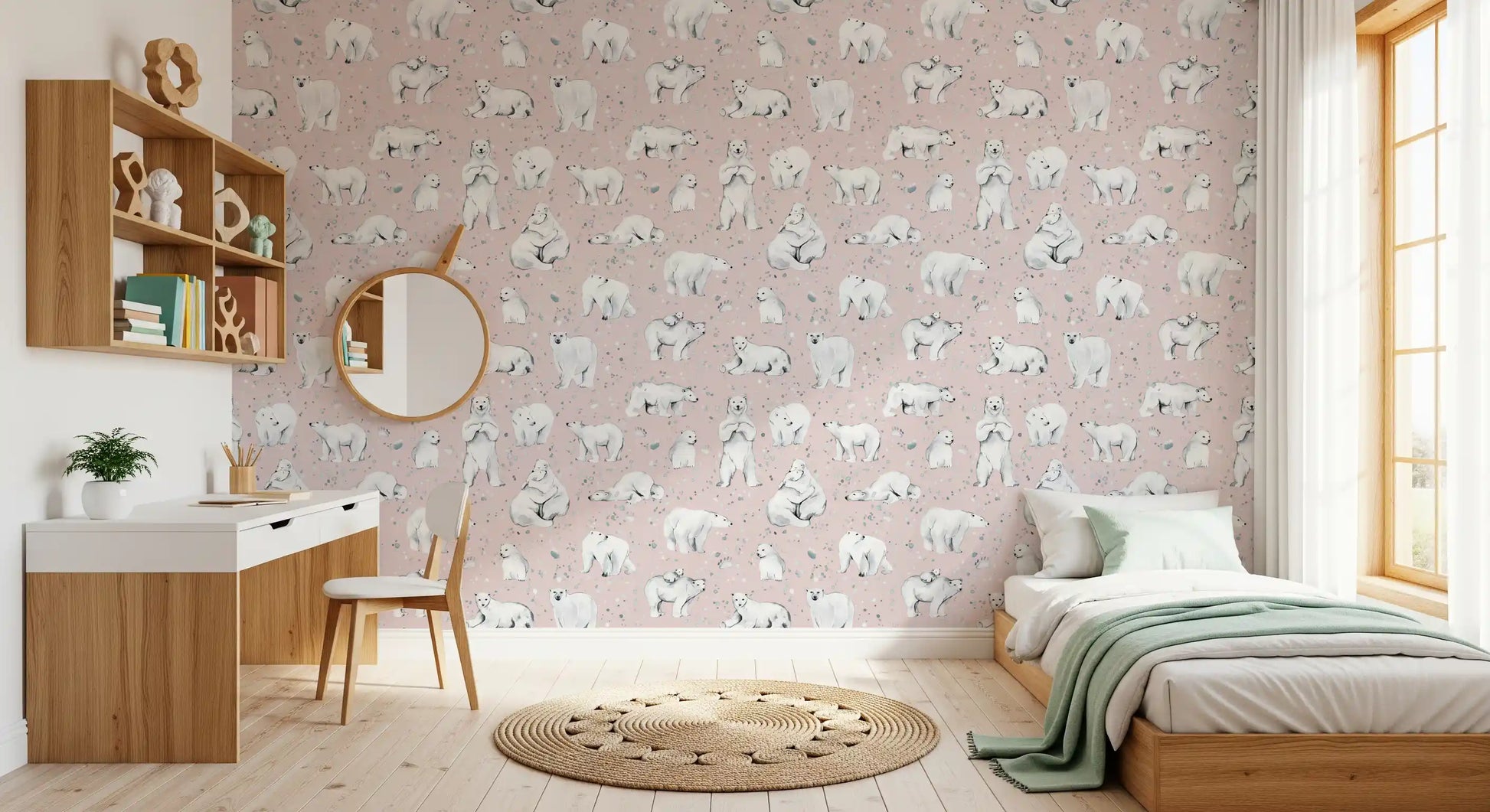 Painted polar cubs gather in a calm Bedroom with Sweet Arctic Bears Pink wallpaper.