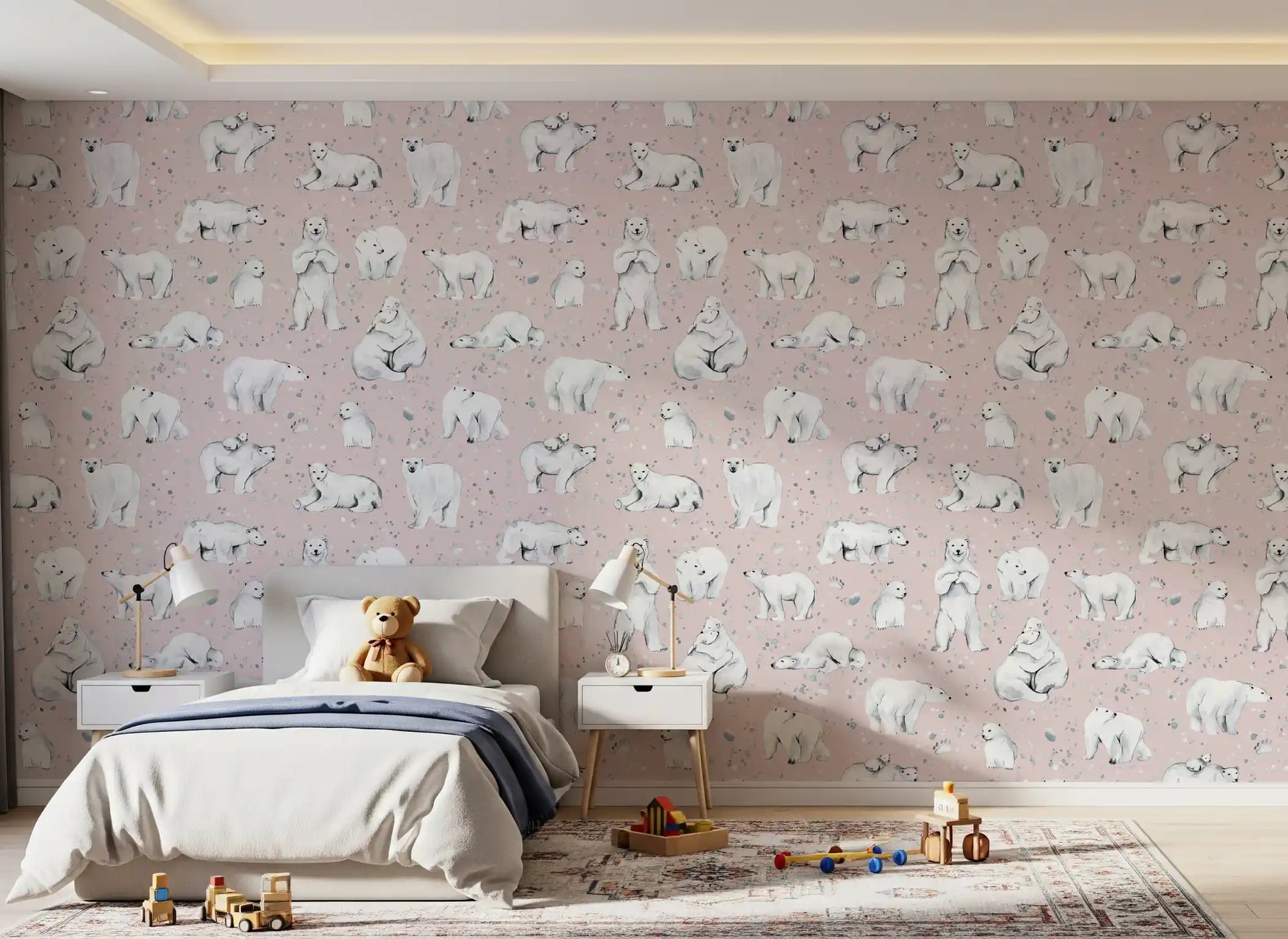 Tiny cubs curl up on grey pebble flecks across this Sweet Arctic Bears wallpaper.