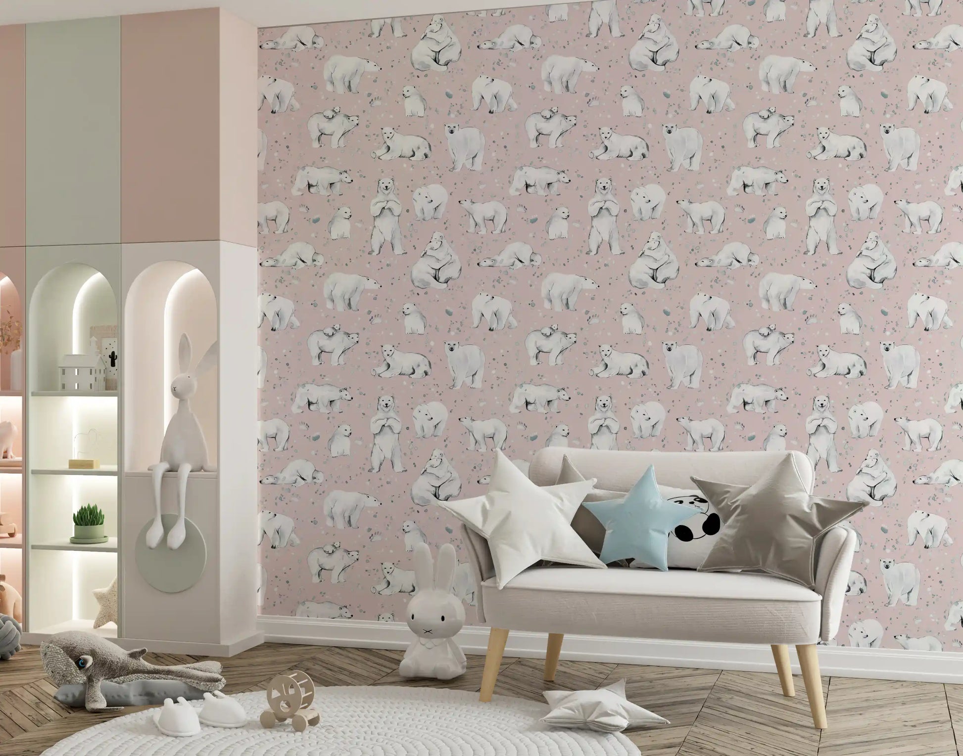 Pebble flecks and tiny paw shapes line a narrow Kids play area, in pink Arctic bears wallpaper.