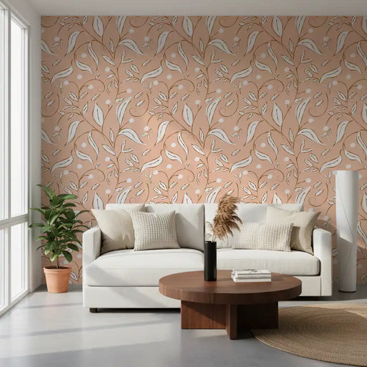 Sketched white vines climb the living room in this blush botanical floral wallpaper.