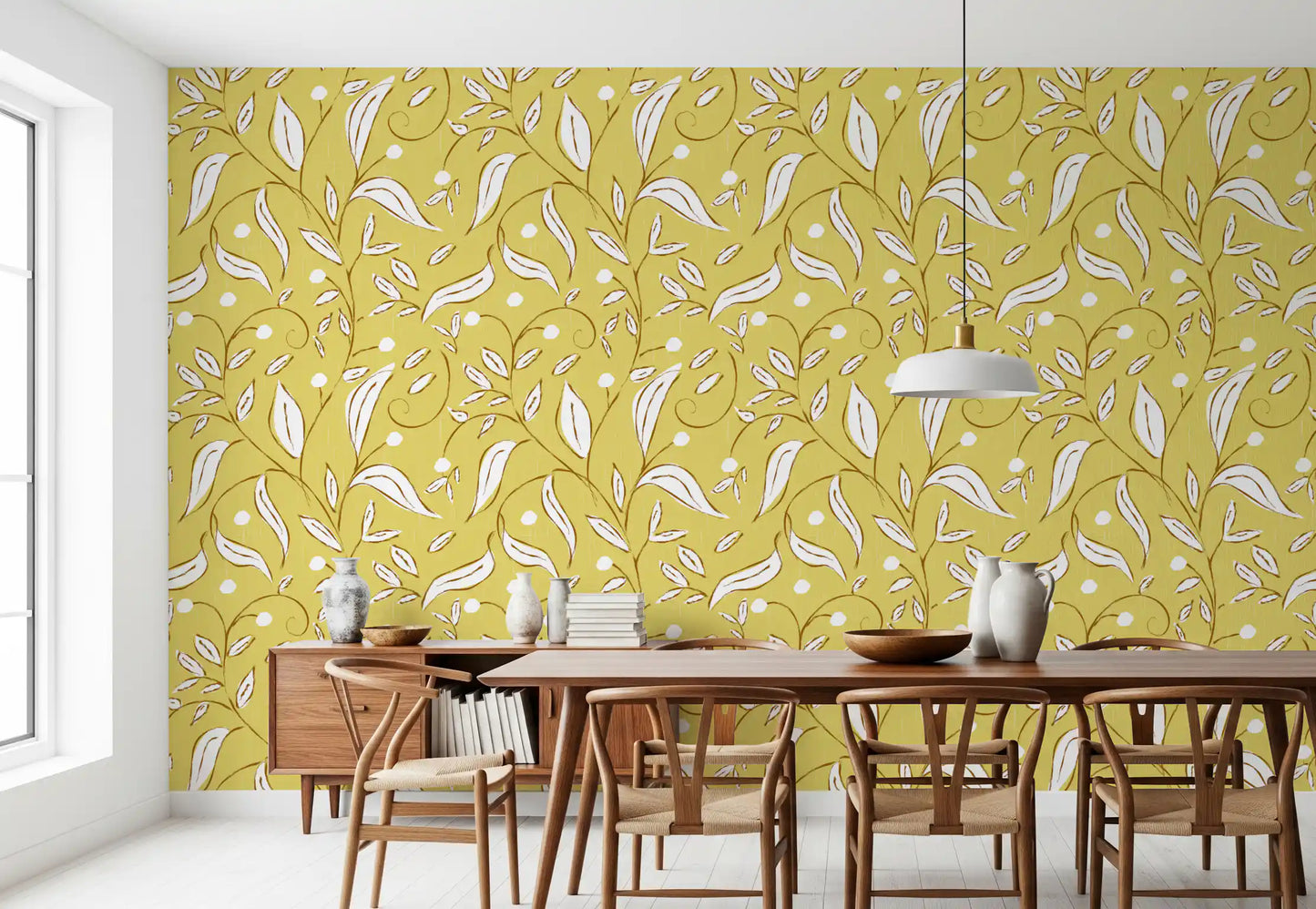 Butter Yellow Botanical Vine Wallpaper Scandinavian Wallpaper⁠