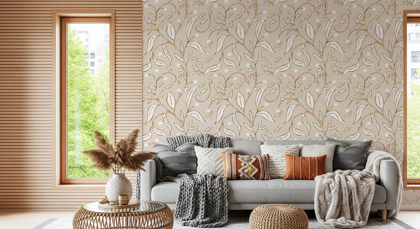 Beige botanisk vinranke tapet skandinavisk neutralt tapet⁠