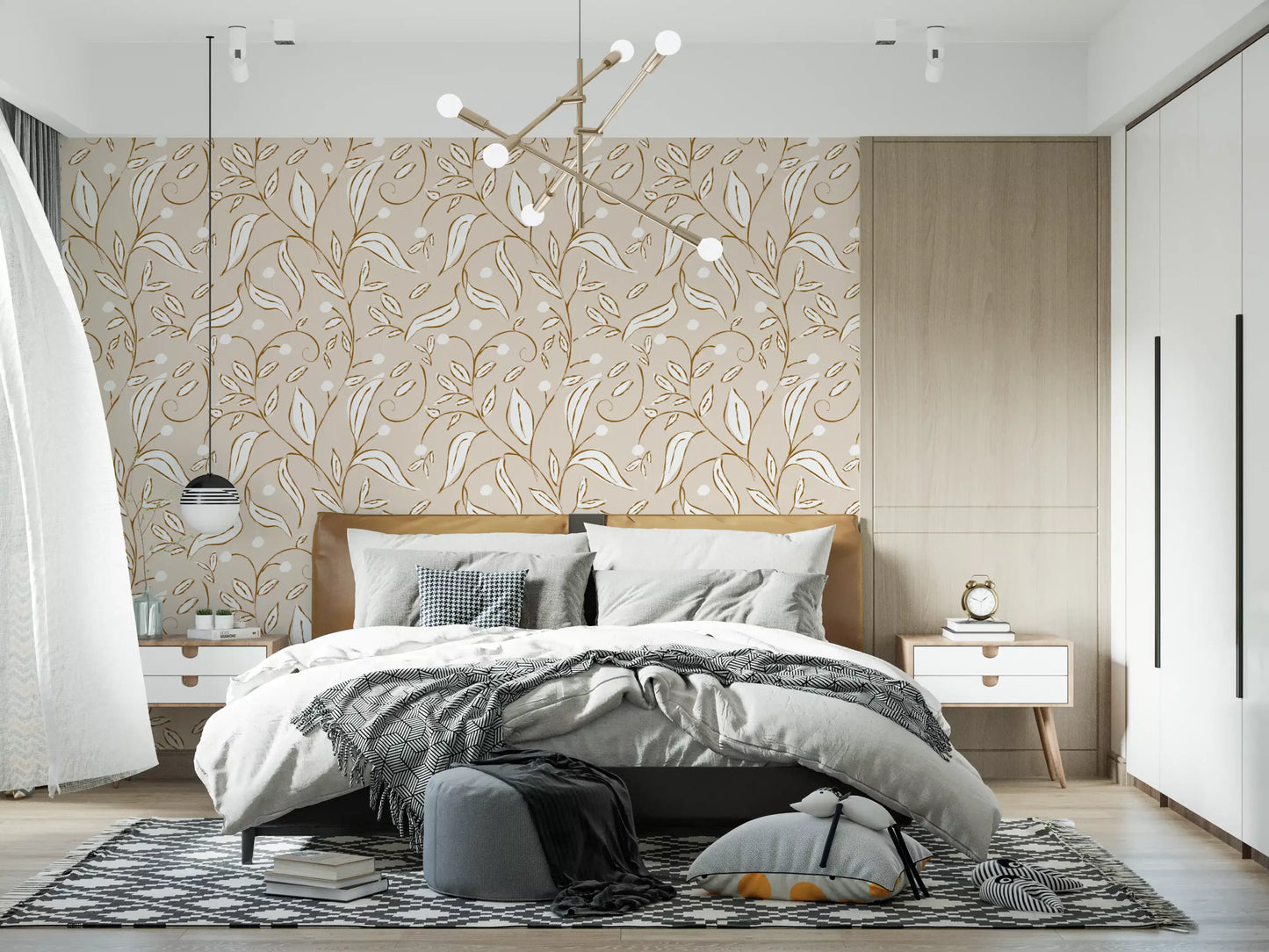 Beige botanisk vinranke tapet skandinavisk neutralt tapet⁠