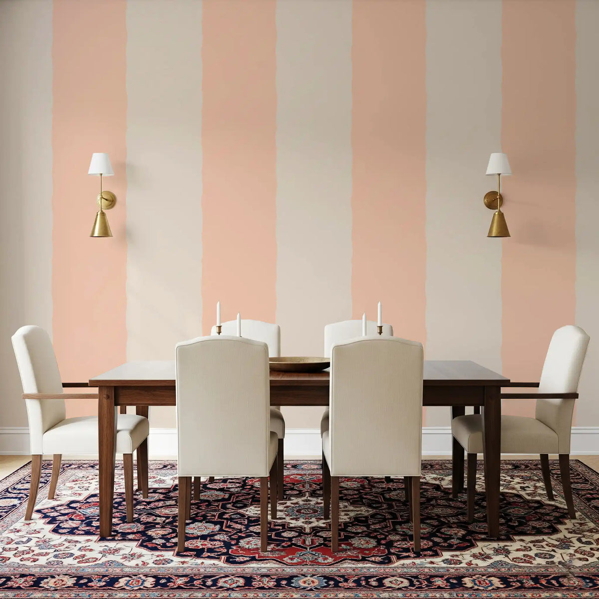 Where a dining room glows at dusk, Blush Pink wallpaper warms peach and cream.