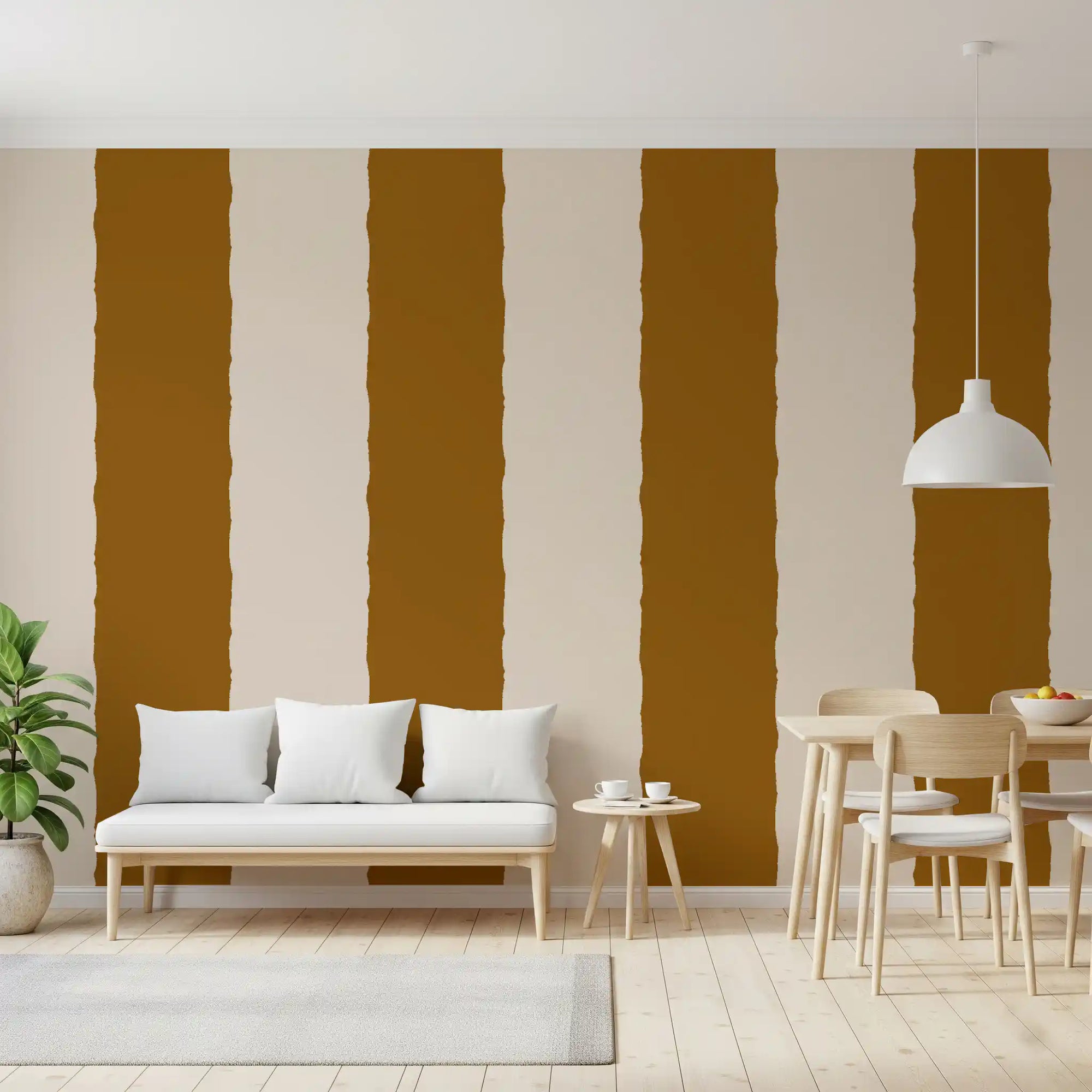 Cinnamon Brown Stripe Wallpaper paces a calm rhythm down one Dining room feature side.