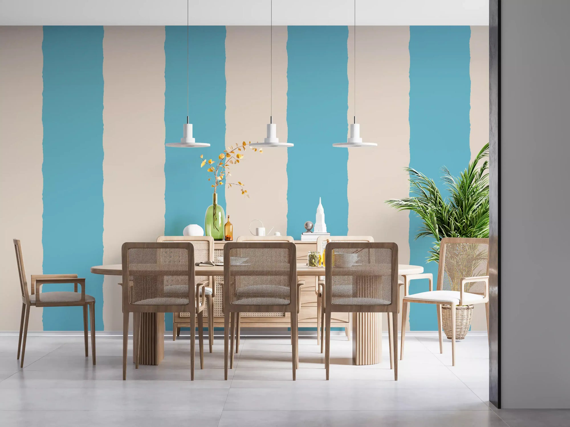 Blush Pink Stripe Wallpaper lines a dining room with vertical rose and ivory bands.