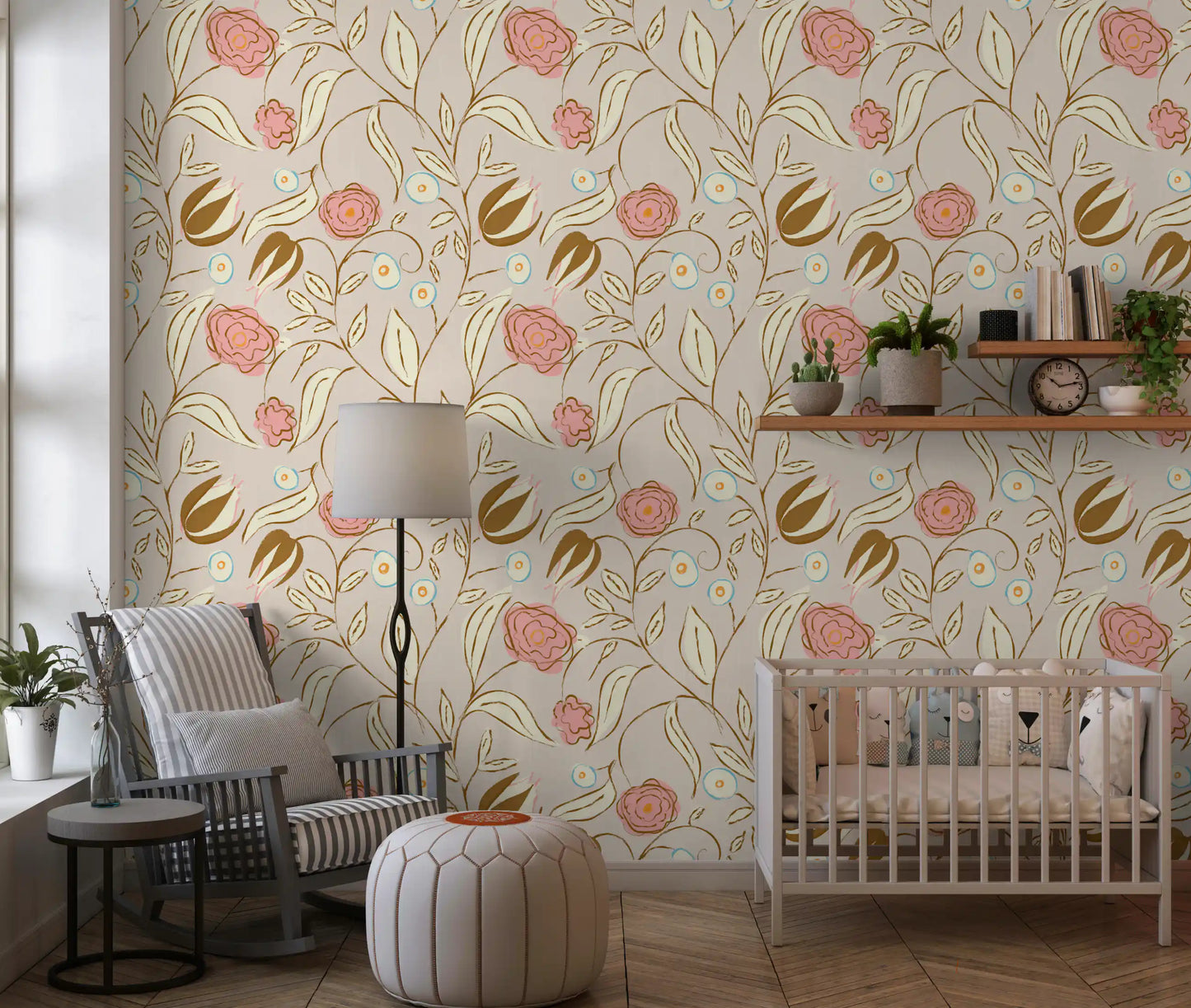 Beige chintz blomster tapet vintage botanisk tapet