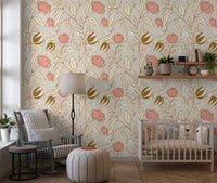 Beige chintz blomster tapet vintage botanisk tapet