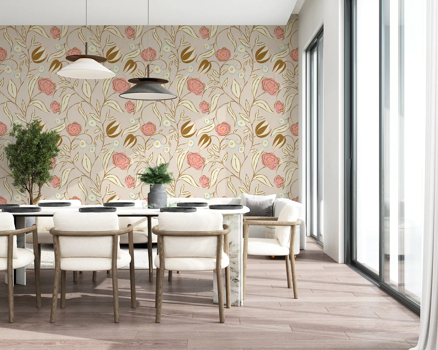 Beige chintz blomster tapet vintage botanisk tapet