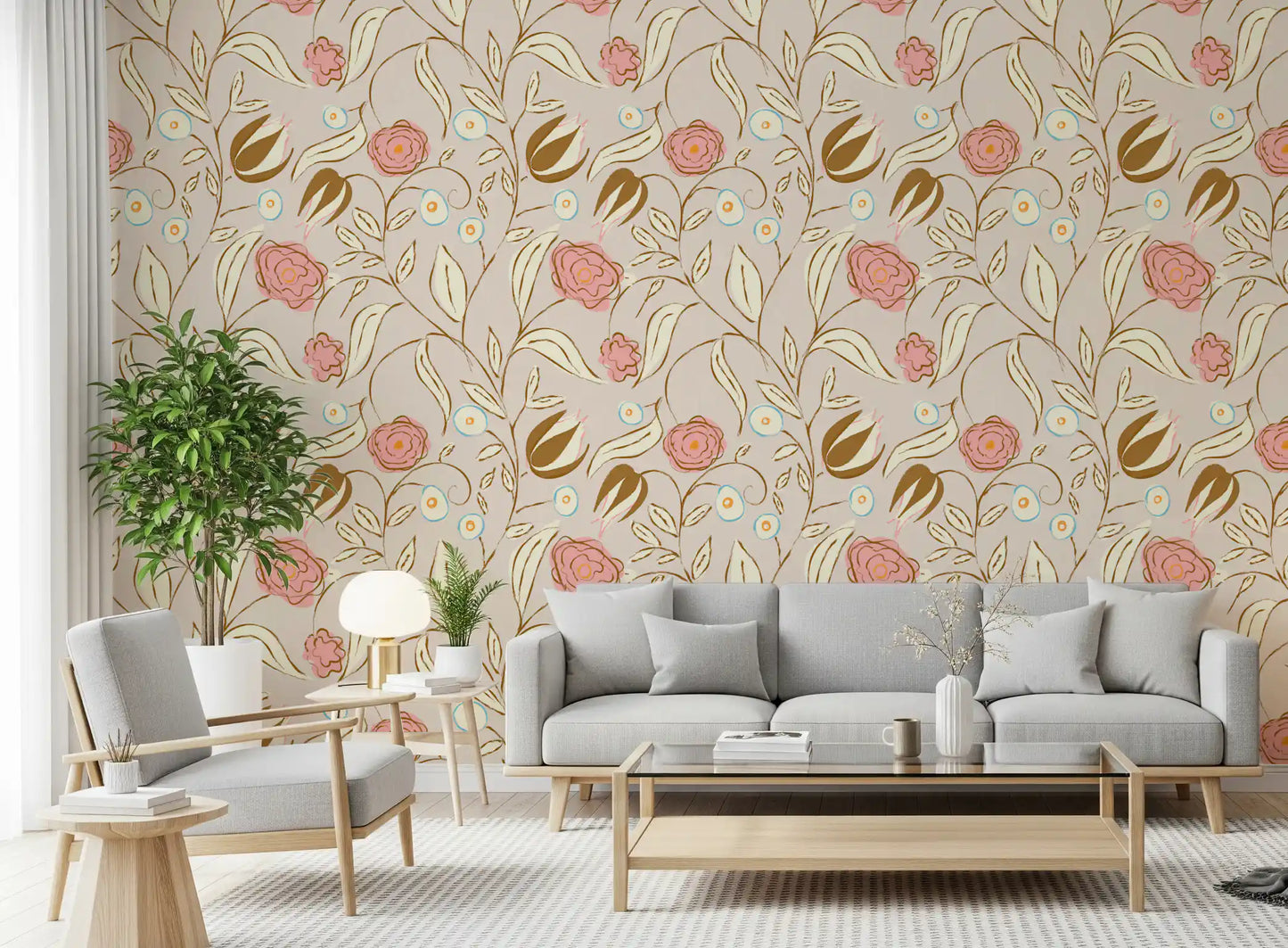 Beige chintz blomster tapet vintage botanisk tapet
