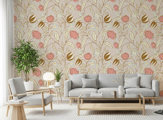 Pink roses and amber tulips drift on the beige chintz floral wallpaper in a living room.