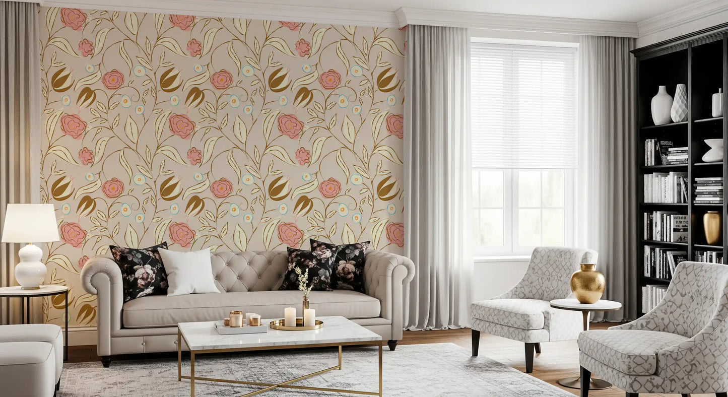 Beige chintz blomster tapet vintage botanisk tapet