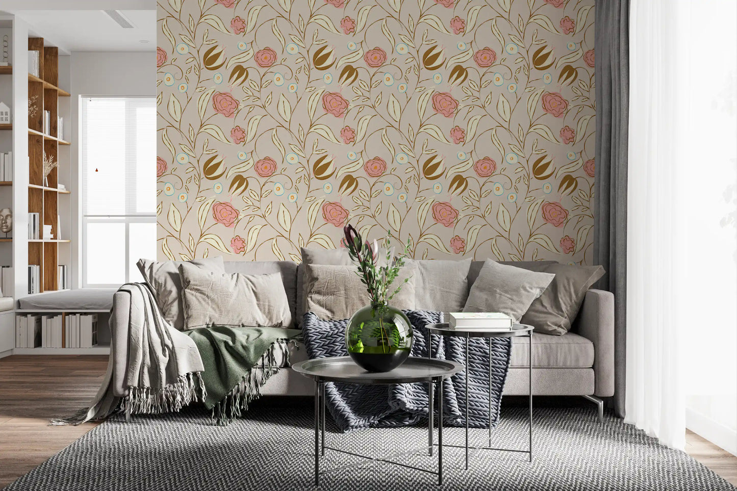 Beige chintz blomster tapet vintage botanisk tapet