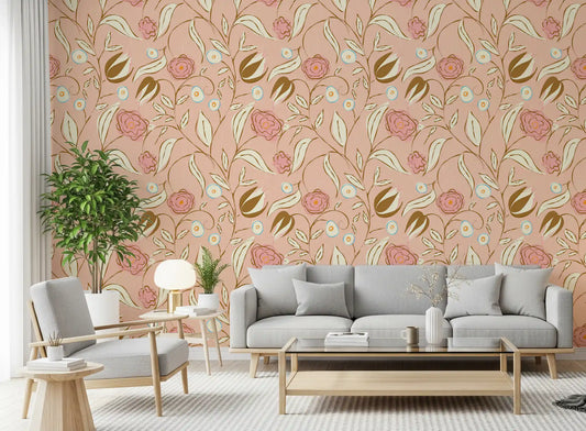 Blush Pink Chintz Blomstret Vintage Botanisk Tapet