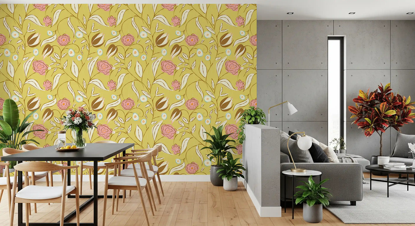 Smørgul Chintz Blomstret Tapet Vintage Botanisk Tapet⁠