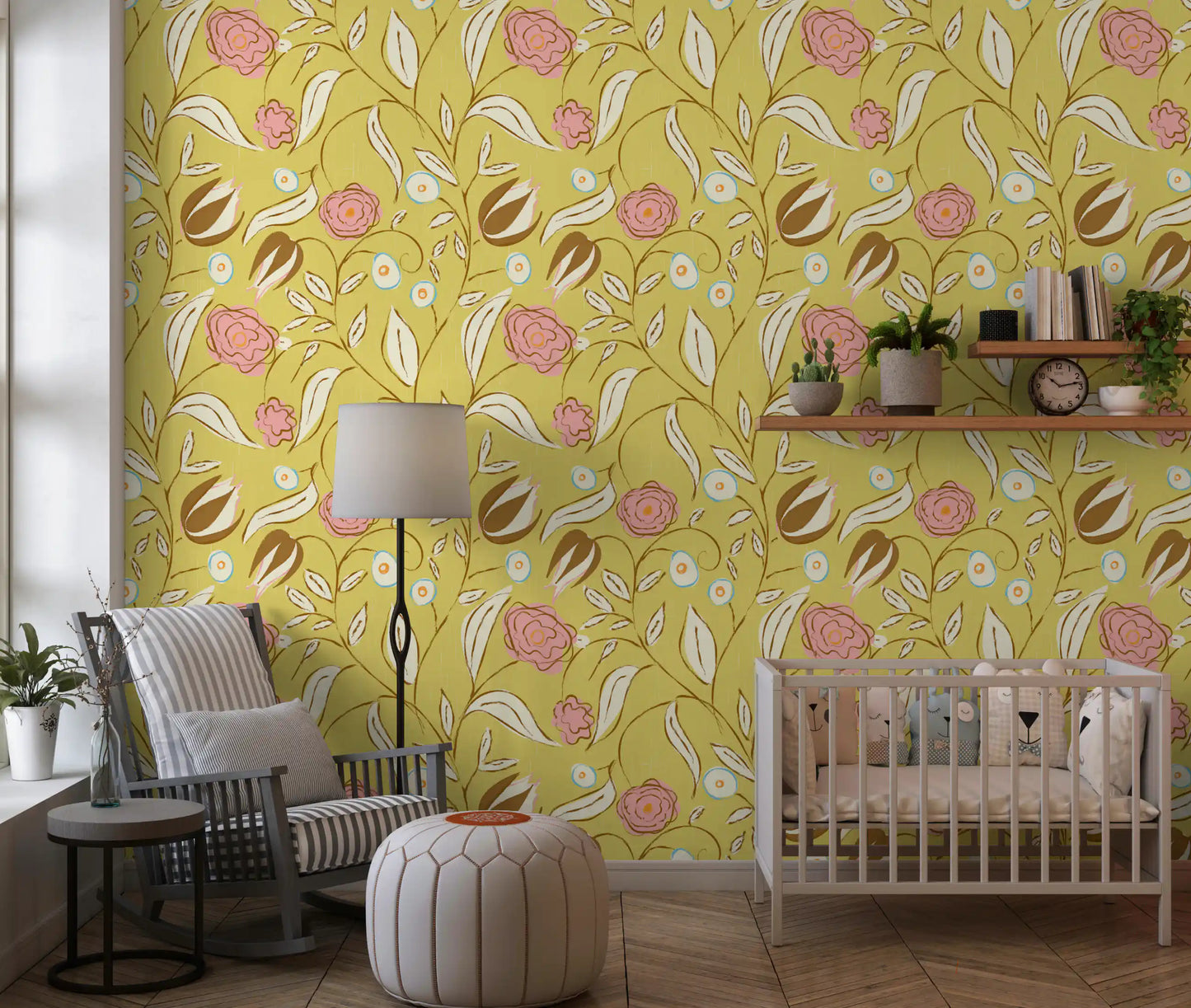 Smørgul Chintz Blomstret Tapet Vintage Botanisk Tapet⁠