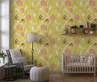 Smørgul Chintz Blomstret Tapet Vintage Botanisk Tapet⁠