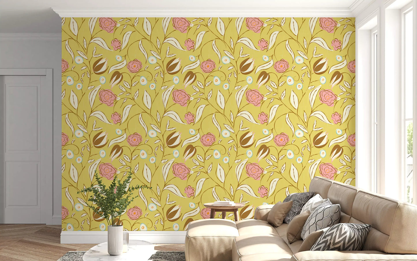 Smørgul Chintz Blomstret Tapet Vintage Botanisk Tapet⁠
