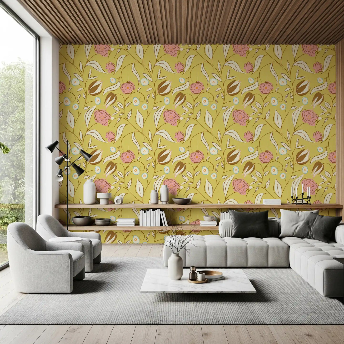 Smørgul Chintz Blomstret Tapet Vintage Botanisk Tapet⁠