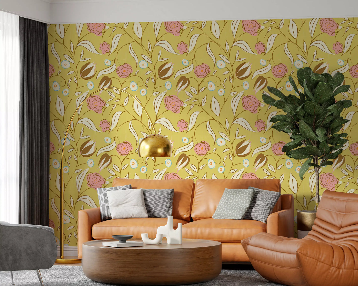 Smørgul Chintz Blomstret Tapet Vintage Botanisk Tapet⁠