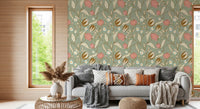 Sage Green Chintz Floral Wallpaper Vintage Botanical Wallpaper⁠