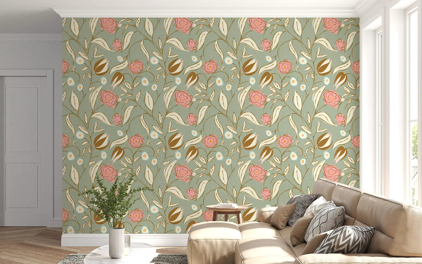 Sage Green Chintz Floral Wallpaper Vintage Botanical Wallpaper⁠