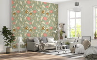 Sage Green Chintz Floral Wallpaper Vintage Botanical Wallpaper⁠