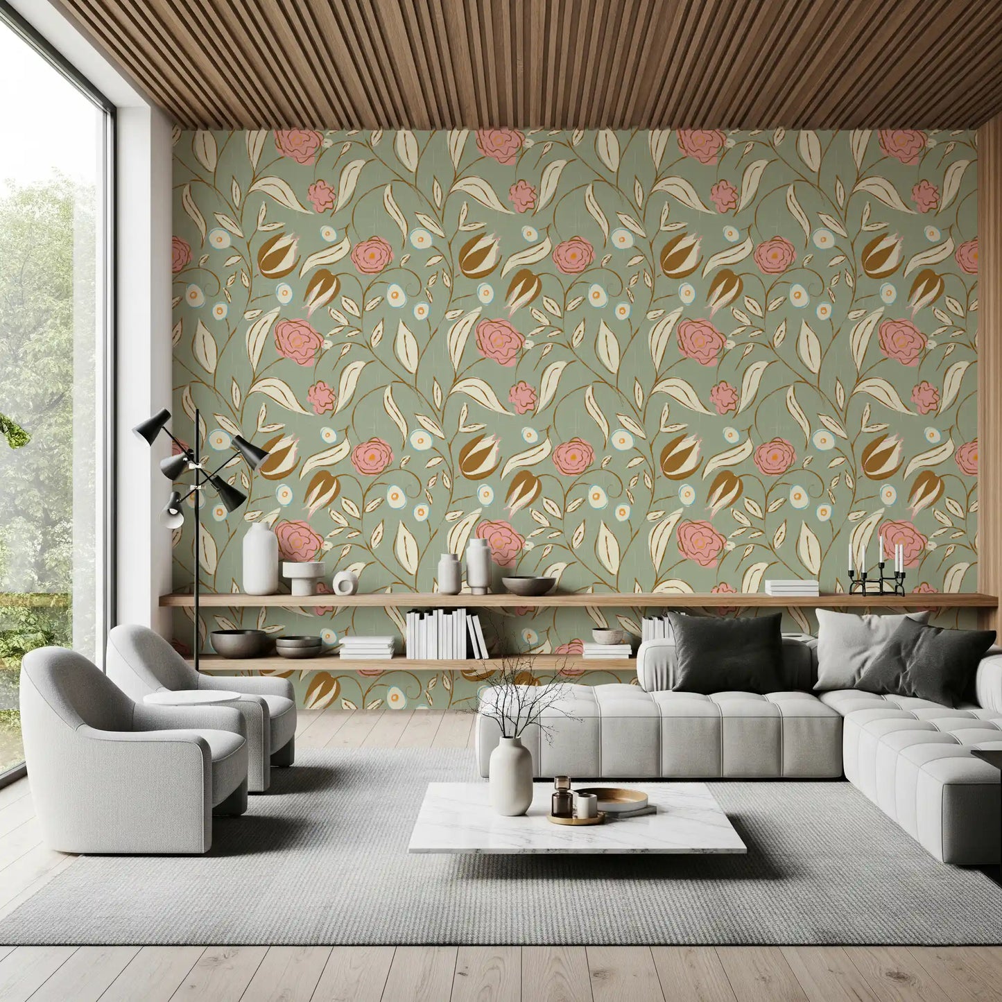 Sage Green Chintz Floral Wallpaper Vintage Botanical Wallpaper⁠