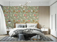 Sage Green Chintz Floral Wallpaper Vintage Botanical Wallpaper⁠