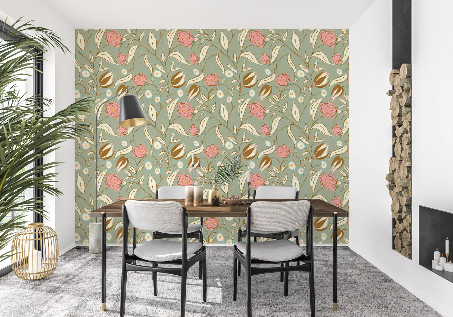 Sage Green Chintz Floral Wallpaper Vintage Botanical Wallpaper⁠