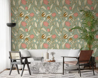 Sage Green Chintz Floral Wallpaper Vintage Botanical Wallpaper⁠