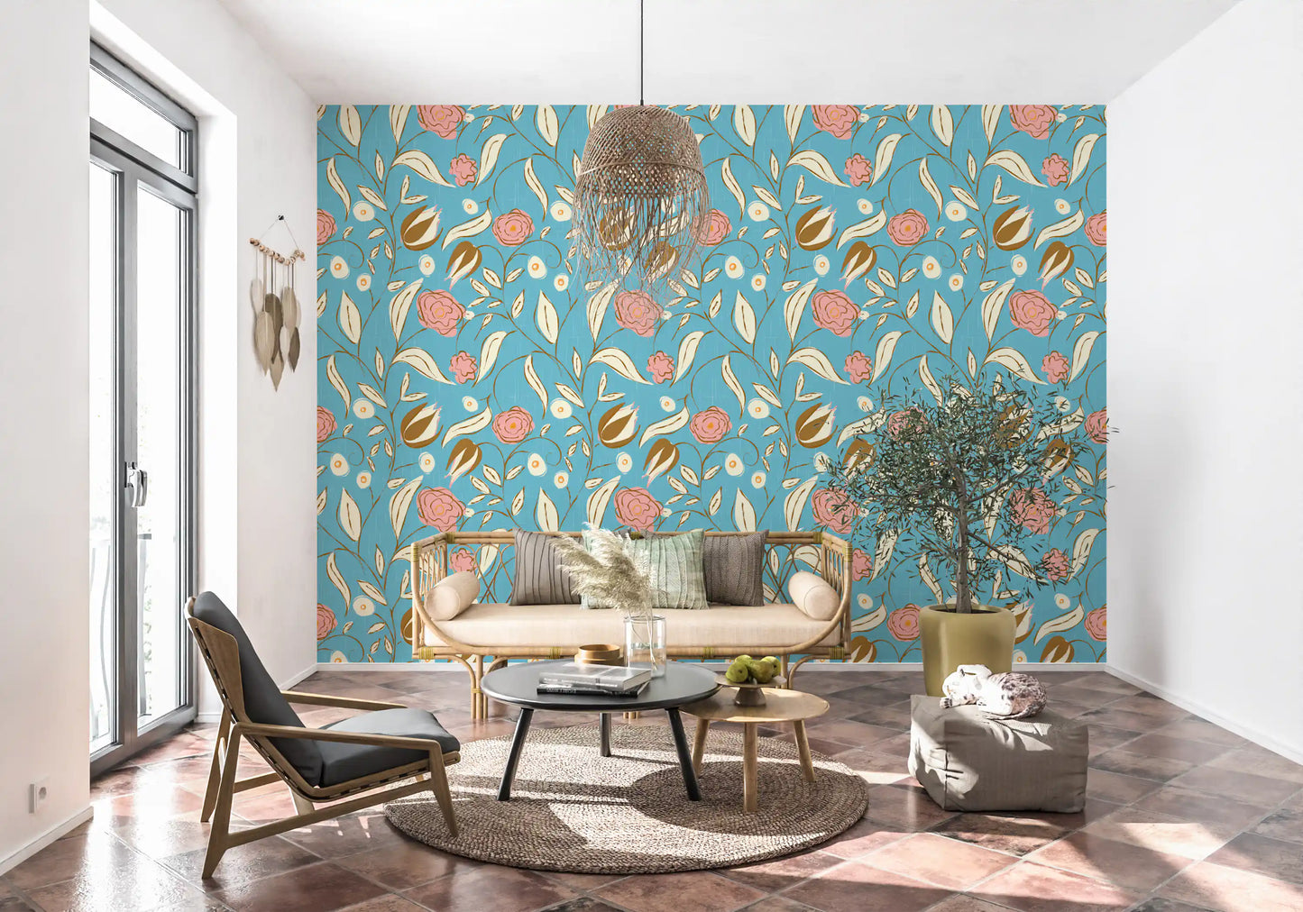 Himmelblå Chintz Blomstret Tapet Vintage Botanisk Tapet⁠