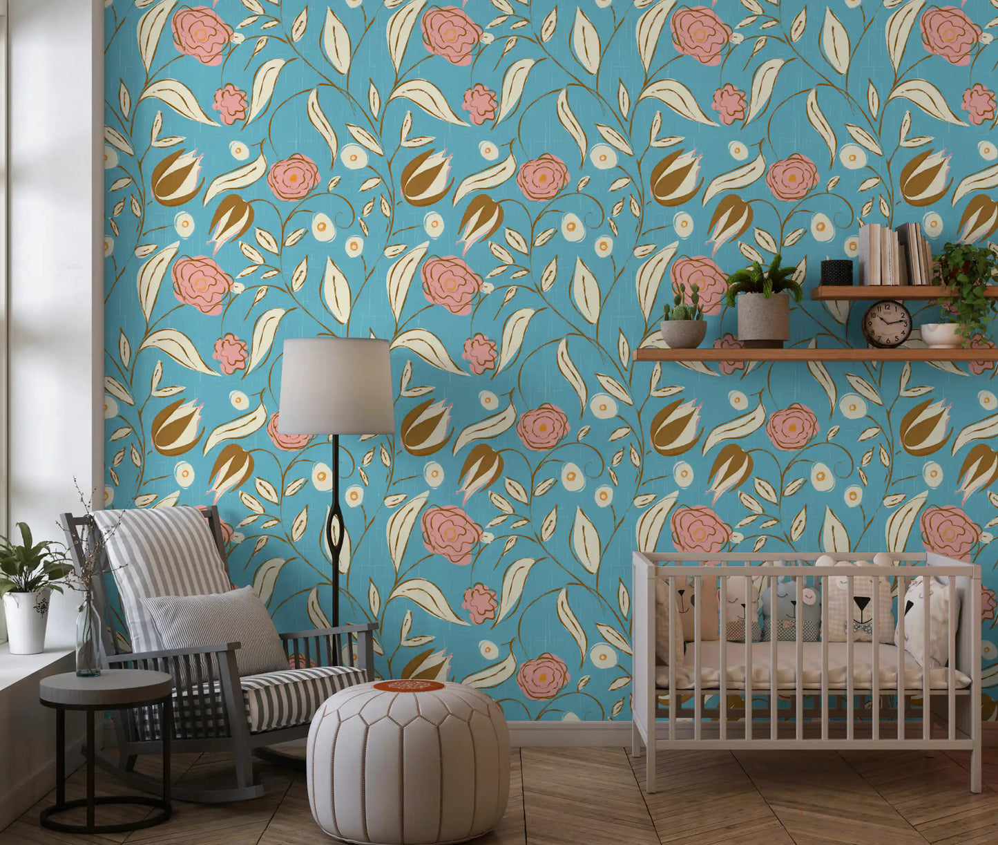 Himmelblå Chintz Blomstret Tapet Vintage Botanisk Tapet⁠