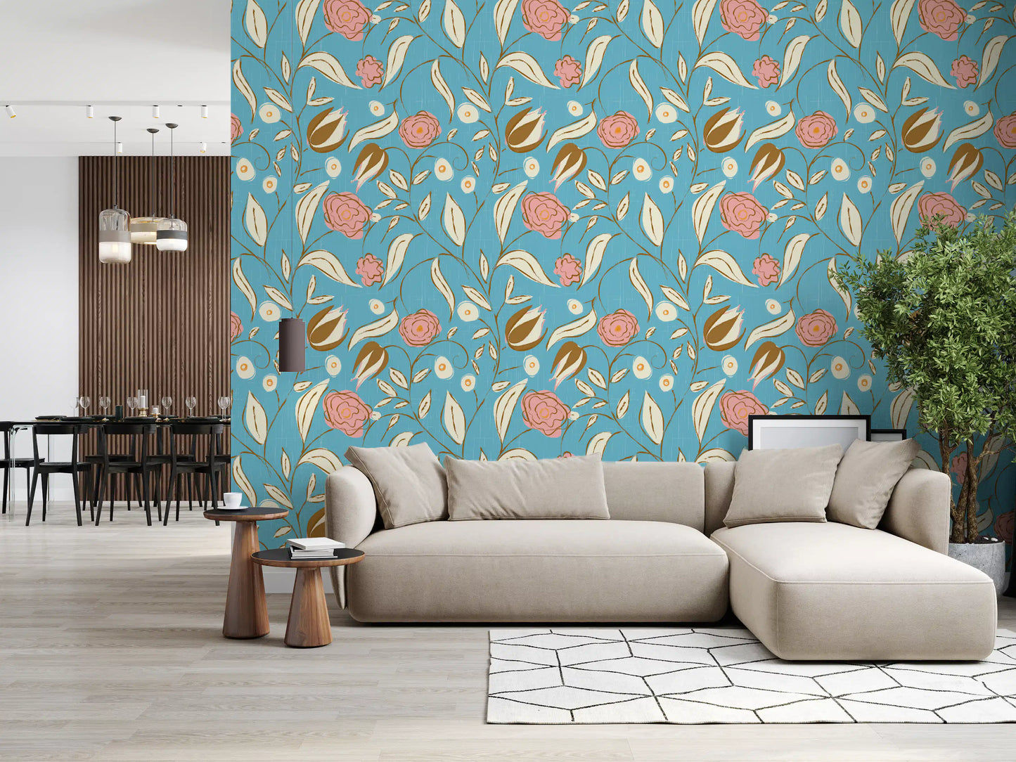 Himmelblå Chintz Blomstret Tapet Vintage Botanisk Tapet⁠